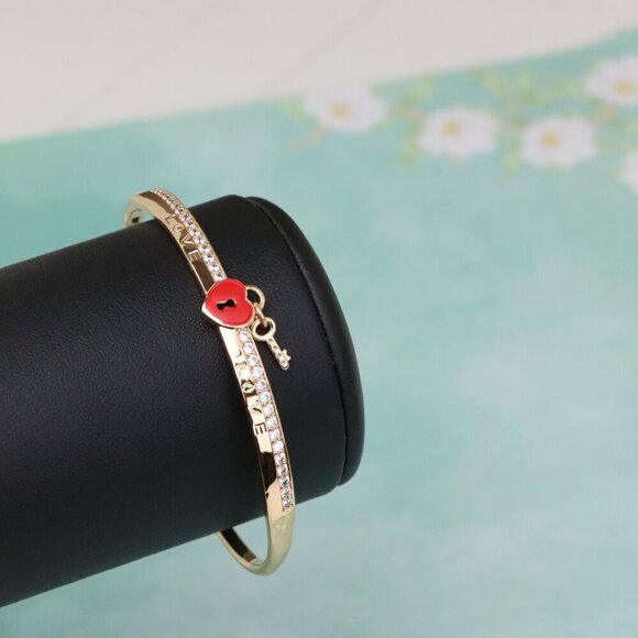 Rose Gold Bangle with Red Heart Lock and Key Charm Accent, XPBL0562 - Picture 7 of 12